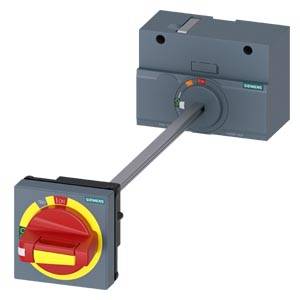 Betriebsschalter mit rotem Griff auf gelbem Hintergrund, unterstützt Not-Aus-Funktion, geeignet für industrielle Anwendungen.