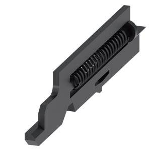 Ein schwarzes, rechteckiges mechanisches Bauteil mit einer eingebauten Spiralfeder.
