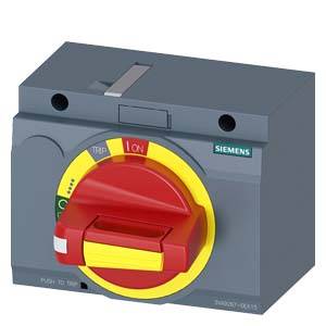 Ein grauer Siemens-Schalter mit rotem Drehgriff und gelben Rand, gekennzeichnet mit 'ON' und 'OFF'.