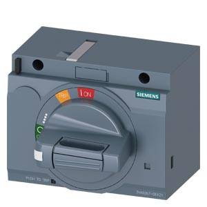 Ein grauer Siemens-Schutzschalter mit Drehschalter, der zwischen 'Ein' und 'Trip' wechselt. Markierungen für Stromflussanzeige.