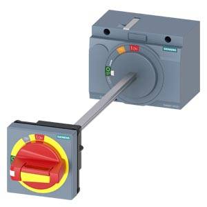 Ein grauer Hauptschalter der Marke Siemens mit rotem und gelbem Handgriff. Der Schalter ist auf 'I ON' eingestellt.