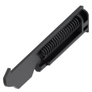 Einfacher schwarzer Hebel mit Federmechanismus. Mechanische Komponente, möglicherweise für Geräte oder Maschinenbau geeignet.