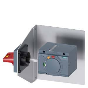 Abbildung eines Schaltersystems auf einer Metallfläche, einschließlich eines roten Schalthebels und eines grauen Bediengeräts von Siemens.