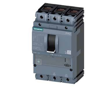 Ein dreipoliger Leistungsschalter der Marke Siemens, Modell 3VA2, mit Schaltknopf und technischen Spezifikationen auf der Vorderseite.