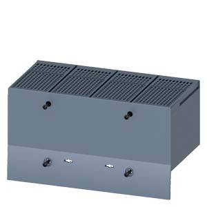 Ein grauer Elektronikschrank mit Lüftungsschlitzen und vier Befestigungspunkten an der Vorderseite.