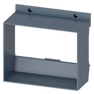 Schwarze Metallhalterung mit rechteckiger Öffnung und zwei Schrauben oben, zur Befestigung an Wänden oder Oberflächen.