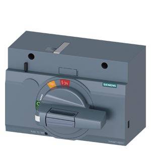 Ein elektrischer Schalter von Siemens mit Drehgriff zur Steuerung, markiert mit 'I' für Einschalten in roter Farbe und grüner Skala.