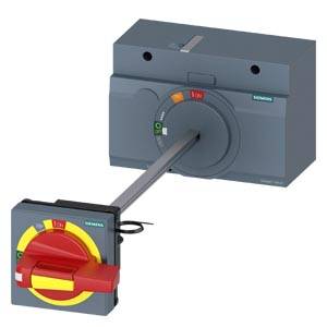 Ein grauer Lasttrennschalter mit rotem Griff und gelbem Einsatz von Siemens, zeigt Ein/Aus-Schalterpositionen.