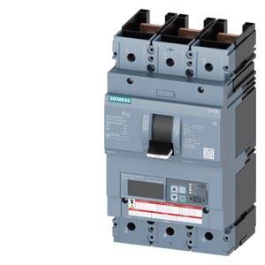 Ein dreipoliger Siemens Leistungsschalter mit grauem Gehäuse und schwarzen Hebeln, verwendet zur Unterbrechung von Stromkreisen in Industrieanlagen.