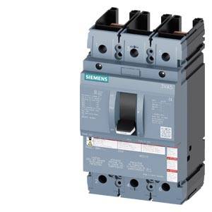 Ein Siemens-Leistungsschalter mit schwarzem Hebel in der Mitte, umgeben von technischen Details und Produktkennzeichnungen.