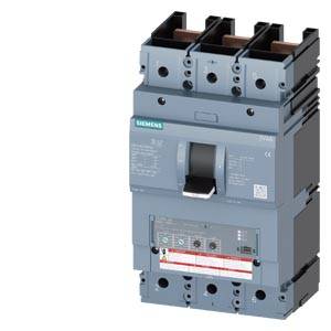 Ein blauer Siemens-Leistungsschalter mit Kippschalter, drei Phasenanschlüssen und technischen Details auf der Vorderseite.
