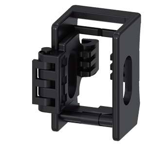 Ein schwarzes Kunststoffgehäuse mit Scharnier und quadratischem Rahmen, geeignet zur Aufnahme und Schutz eines elektrischen Bauteils.
