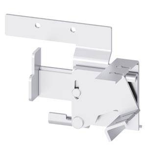 Silberfarbene Metallverriegelung für industrielle Anwendungen, zeigt Hebel und Befestigungsmaterial, geeignet für Maschinen oder Anlagen.