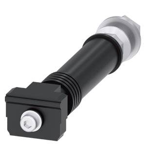 Schwarze, zylindrische Komponente mit rechteckiger Basis und Schraubgewinde, möglicherweise ein mechanisches Bauteil oder Adapter.