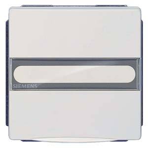 Ein weißer Siemens-Lichtschalter mit rechteckigem Design und grauem Streifen in der Mitte.