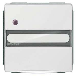 Ein weißer Lichtschalter der Marke Siemens mit einem kleinen roten Indikatorlicht oben links.