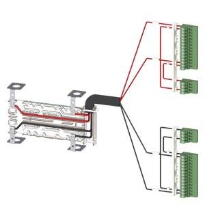 Diagramm einer elektrischen Verdrahtung mit mehreren Anschlüssen. Hauptplatine links, verbunden mit drei grünen Steckmodulen rechts.