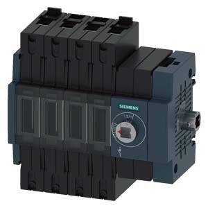 Ein elektrisches Schütz von Siemens, schwarze und graue Farbgebung, mit vier sichtbaren Hauptkontaktpaare und seitlichem Schraubanschluss.