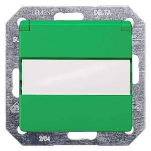 Ein grüner Lichtschalter mit einem weißen Streifen in der Mitte in einem metallischen Rahmen, der die Markenbezeichnung trägt.