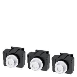 Drei schwarze elektrische Schalter in einer horizontalen Reihe, jeweils mit einem großen weißen Drehknopf in der Mitte.