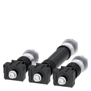 Drei schwarze Gewindestifte mit silbernen Kappen und Aufsätzen sind in einer Reihe angeordnet. Sie sind Bauteile einer Maschine.