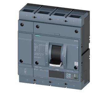 Ein dreipoliger Siemens-Leistungsschalter in Grau, Modellnummer 3VA2, mit Drehgriff in der Mitte für industrielle Anwendungen.