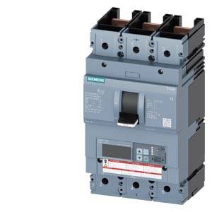 Ein dreipoliger Leistungsschalter von Siemens in grauer Farbe mit Bedienhebel und Anzeigeelementen, geeignet für elektrische Installationen.