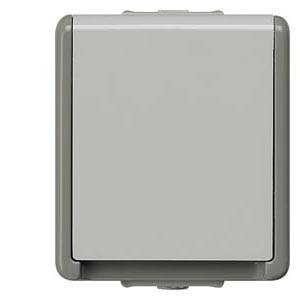 Grauer, quadratischer Außenschalter mit wetterfester Abdeckung, geeignet für die Installation im Freien.