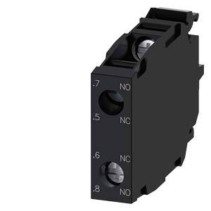 Ein schwarzer elektrischer Schaltkontakt mit den Bezeichnungen '.7 NO', '.5 NC', '.6 NC' und '.8 NO' auf der Vorderseite.