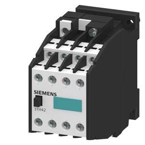Ein Siemens-Schütz mit weißer Frontplatte, Modellnummer '3TH42', sechs sichtbare Schraubenanschlüsse, geeignet für industrielle Anwendungen.