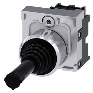 Nahaufnahme eines schwarzen Joysticks mit silberner Basis und schwarzem Griff, montiert in einem kompakten Gehäuse.