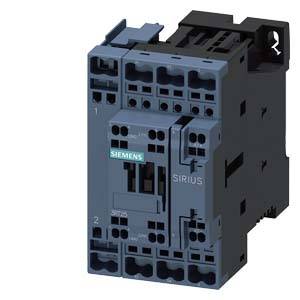 Schütz von Siemens der Serie SIRIUS, montiert auf einem schwarzen Sockel. Geeignet für industrielle Schaltanwendungen.