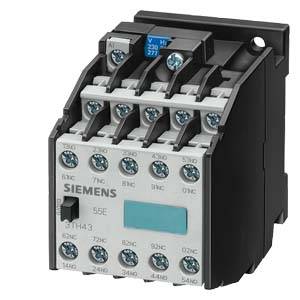 Ein elektrischer Siemens-Schütztyp 3TH43, hauptsächlich schwarz und grau, mit mehreren Schraubanschlüssen, zur Steuerung von Stromkreisen.