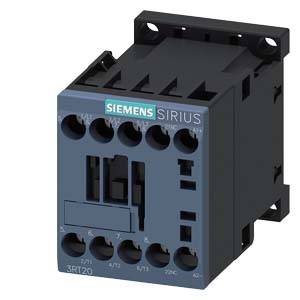 Siemens Sirius 3RT20-Sicherheitschütz, Vorderansicht, zeigt Anschlüsse und Markenlabel. Farblich in Blau und Schwarz gestaltet.
