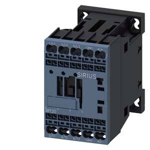 Schütz-Komponente in quadratischer Form mit Beschriftung 'SIRIUS', zeigt Anschlüsse und elektrische Steuerungen, vor weißem Hintergrund.