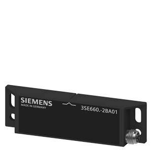 Ein rechteckiger Siemens-Induktivsensor, Modell 3SE660, schwarz, mit seitlichen Befestigungslöchern und einem Anschluss hinten.
