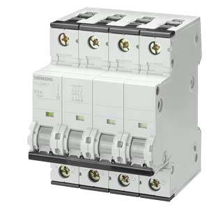 Ein weißer, vierpoliger Leitungsschutzschalter von Siemens, geeignet für den Schutz elektrischer Stromkreise vor Überlastung und Kurzschluss.