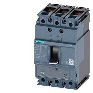 Ein Siemens-Leistungsschalter, grau, mit Griff in der Mitte. Oben drei Eingänge markiert mit '1', '3' und '5'. Modell: 3VA1.