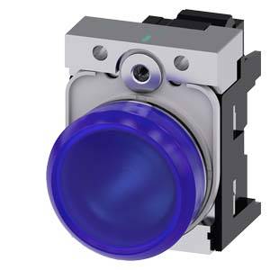 Ein blauer Rundtaster mit Metallrahmen und schwarzer Befestigung. Ideal für industrielle Steuerungsanwendungen.