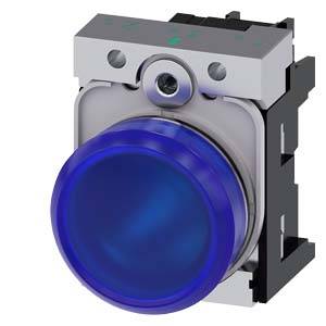 Runder blauer Druckknopf für elektronische Steuerungen, montiert in einer rechteckigen schwarzen Halterung mit silbernen Metallteilen.