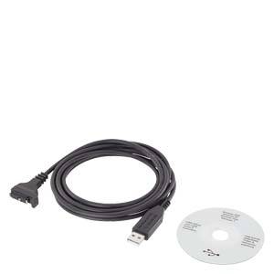 'USB-Kabel mit CD' liegt auf weißem Hintergrund. Kabel hat einen USB-Stecker und einen speziellen Anschluss. CD daneben.