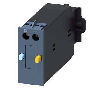 Ein schwarzes elektronisches Bauteil mit zwei Anschlüssen, gekennzeichnet mit 'E1' und 'E2', sowie drei Tasten in Blau, Grau und Gelb.