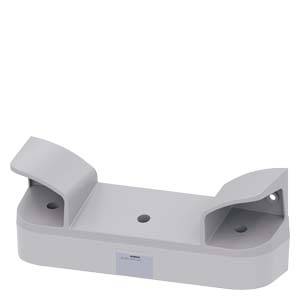 Eine graue Halterung mit zwei gebogenen Enden und drei Schraublöchern in der Mitte, vermutlich zur Befestigung von Objekten an einer Oberfläche.