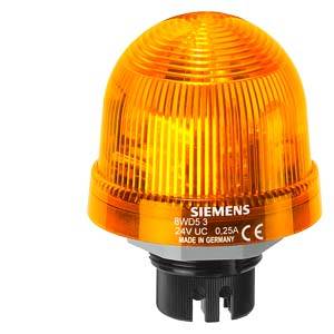 Orangefarbene Warnleuchte mit Aufschrift 'SIEMENS 24V UC 0.25A, Made in Germany, CE', montierbare Basis darunter.