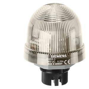 Eine transparente LED-Signallampe von Siemens mit CE-Kennzeichnung, geeignet für 24V DC, 0,25A, hergestellt in Deutschland.