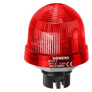 Ein leuchtend rotes Warnlicht mit der Aufschrift 'SIEMENS 8WD53', 24V UC, 0.25A. Geeignet für industrielle Anwendungen.