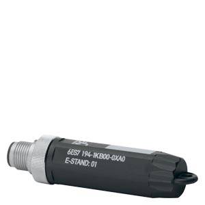 Ein schwarzer zylindrischer Anschlussstecker mit silbernem Ende, Beschriftung '6ES7 194-1KB00-0XA0 E-STAND: 01' auf der Seite.