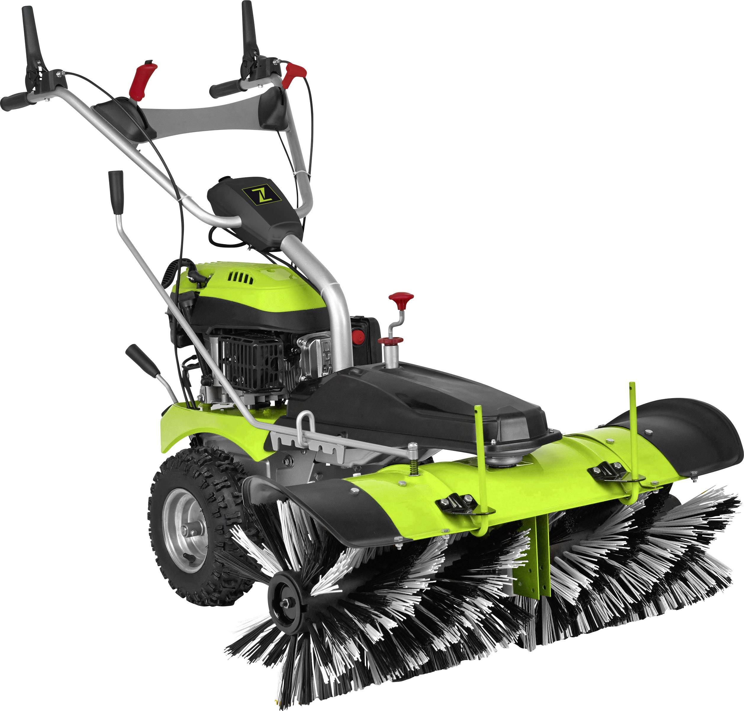 Grüne Kehrmaschine mit schwarzen Borsten, großen Reifen und Lenker, geeignet für Gehwege und Außenflächenreinigung.
