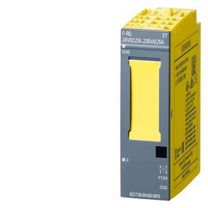 Gelbes elektrisches Gerät mit grauem Frontpanel, Beschriftung 'F-RC/230AC/5A'. Verwendet für Schutz- oder Steuerfunktionen in einem System.