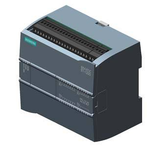 Programmierbare Steuerungseinheit mit der Aufschrift 'SIMATIC S7-1200', zeigt Anschlüsse und Montageoptionen. Geeignet für industrielle Anwendungen.